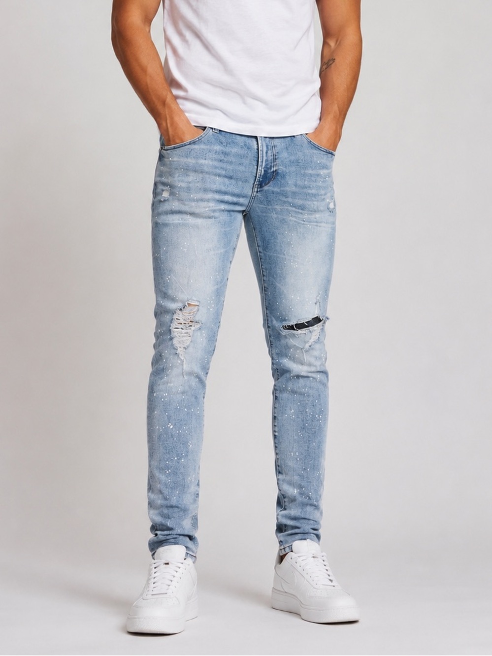 Pacsun Men’s 33x30 Stacked Skinny Paint Splat Jeans Light Wash Stretch Casual